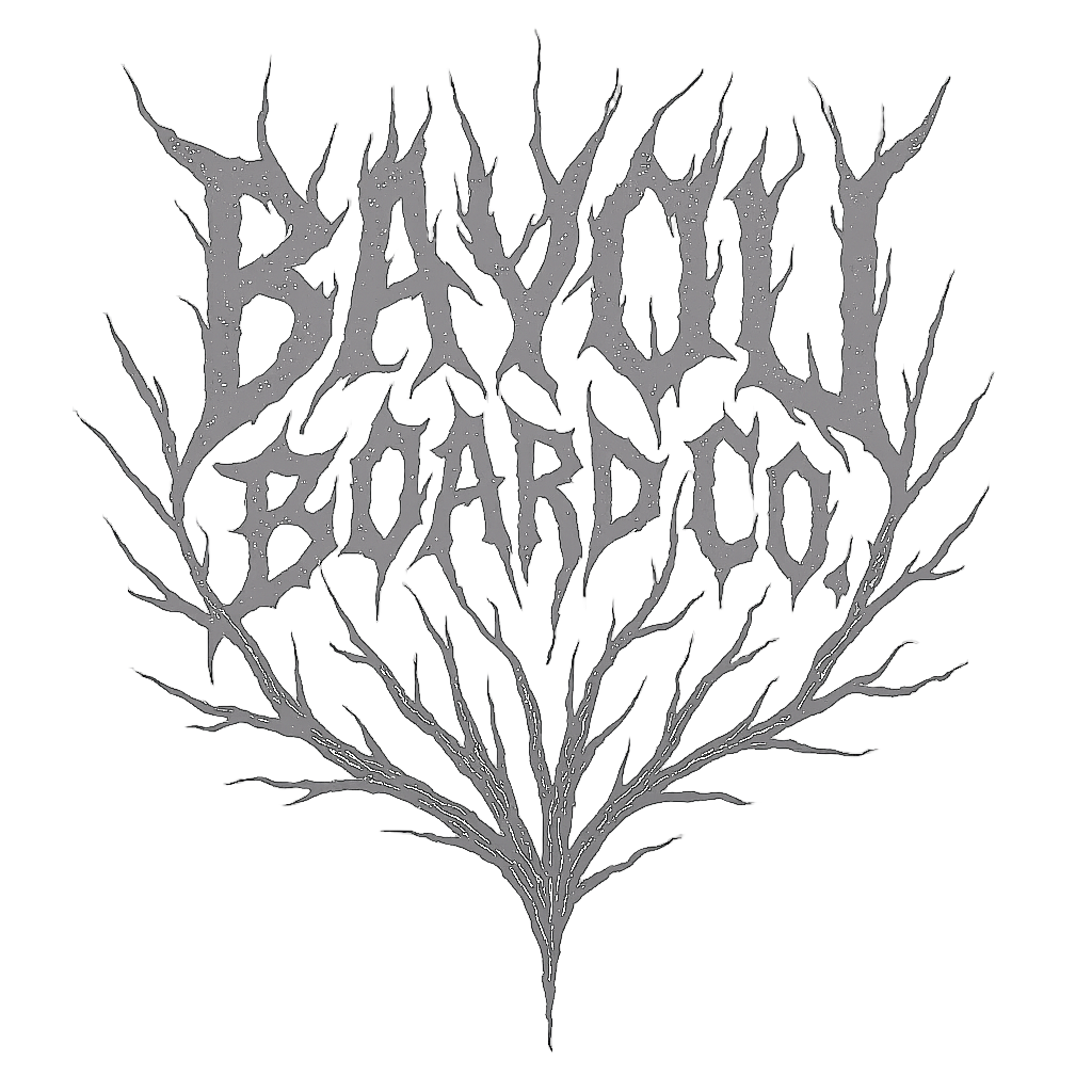 Tree branch design with 'BAYOU BOARD CO' text on a transparent background